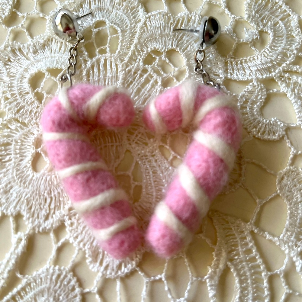 Pink and White Christmas Candy Cane Earrings